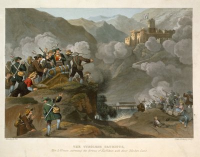 Los patriotas tiroleses asaltando la fortaleza de Kuffstein con sus cañones de madera, grabado por John Heaviside Clark y Matthew Dubourg de Anécdotas Históricas, Militares y Navales de Franz Joseph Manskirch