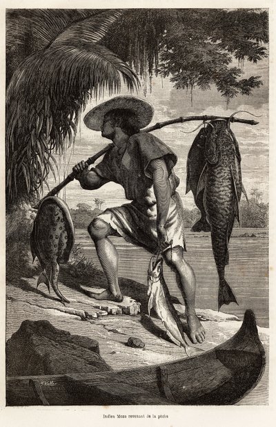 Indio Moxo (Mojo, Moxeno) (de la región de Mato Grosso) regresando de pescar, grabado después de un dibujo del narrador, ilustrando un viaje de exploración en el Amazonas y el Madeira, de 1874, por Franz Keller Leuzinger, publicado en 