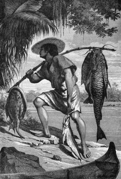 Uno de nuestros indios Mojo regresando de pescar, de Los Ríos Amazonas y Madeira, por Franz Keller, grabado por A. Closs, 1874 de Franz Keller