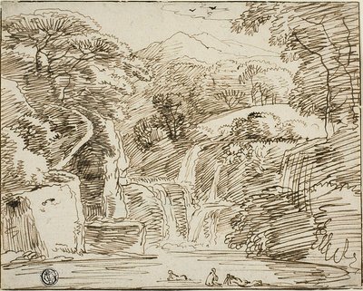 Ninfas bañándose cerca de cascadas en un paisaje de montaña de Franz Kobell