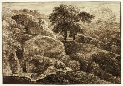 Dos figuras descansando en una ladera cerca de dos árboles de Franz Kobell