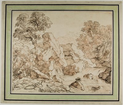 Guerrero y perro descansando junto a rápidos rocosos de Franz Kobell