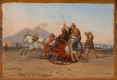 "Un fraile capuchino y una monja son conducidos en un carro napolitano en el puerto de Nápoles" de Franz Ludwig Catel