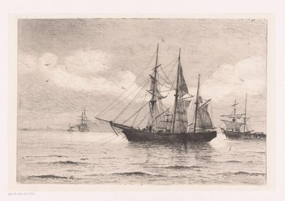 Paisaje marino con tres maestros y otros barcos. de Franz Maecker