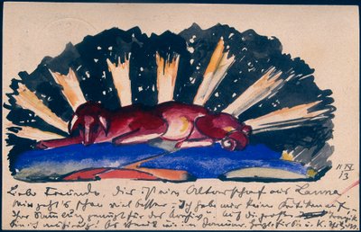 "Ovejas de altar de Lana", Franz Marc de Sindelsdorf a Gabriele Münter en Munich: postal, matasellos del 11 de abril de 1913 de Franz Marc