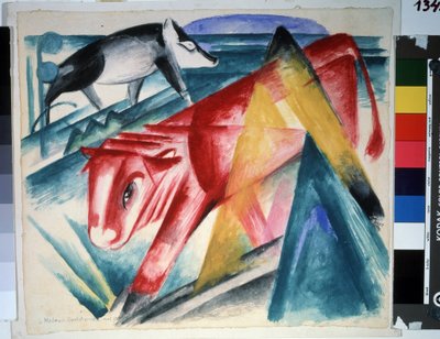 ""Animals"" (Animales) Vaca y jabalí. Acuarela de Franz Marc (1880-1916) (expresionismo) 1913. Medidas 39x45 cm Museo Pushkin, Moscú de Franz Marc