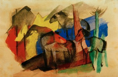 Tres caballos en paisaje con casas de Franz Marc