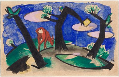 Paisaje con un animal rojo, postal de Sindelsdorf a Alfred Kubin en Wernstein/Zwickledt de Franz Marc