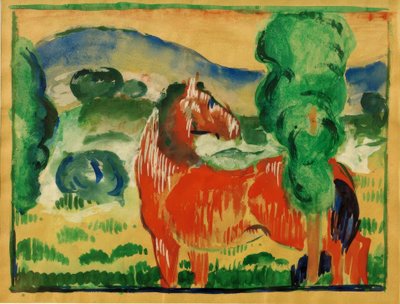 Caballo rojo en paisaje colorido de Franz Marc