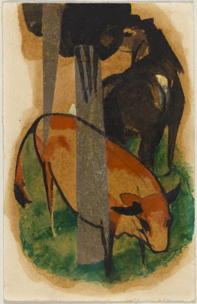 Caballo rojo y ganado amarillo (caballo negro-marrón y ganado amarillo), postal de Sindelsdorf a Alfred Kubin en Wernstein/Zwickledt de Franz Marc