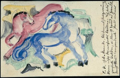 "Caballo rojo y azul", Franz Marc de Sindelsdorf a Wassily Kandinsky en Munich: postal, matasellos del 5 de abril de 1913 de Franz Marc