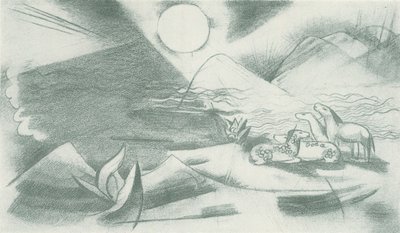 Paisaje prístino con sol, montañas, un grupo de caballos de Franz Marc