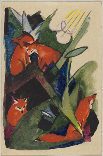 "Cuatro zorros", Franz Marc de Sindelsdorf a Wassily Kandinsky en Munich: postal, matasellos del 4 de febrero de 1913 de Franz Marc