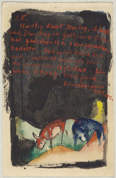 "Zinnobergrüss", Franz Marc de Sindelsdorf a Wassily Kandinsky en Munich: postal, matasellos del 19 de abril de 1913 de Franz Marc