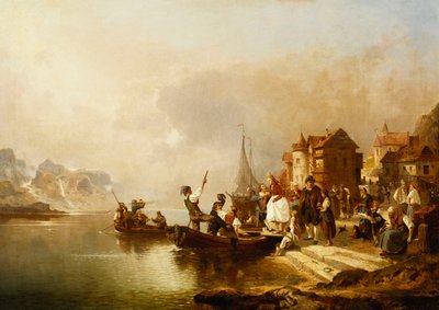 Una fiesta de boda abordando un bote, 1864 de Franz Richard Unterberger