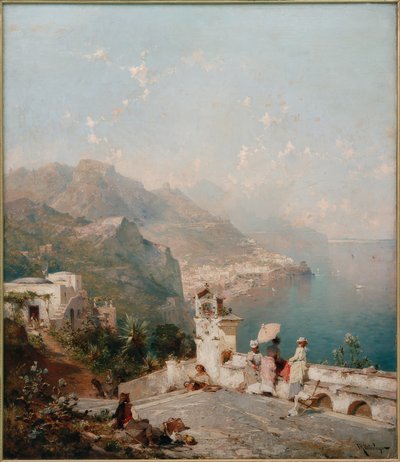 Damas elegantes contemplan el Golfo de Salerno de Franz Richard Unterberger