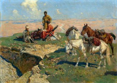 El alto de los guerreros caucásicos - Pintura de Franz Roubaud (1856-1928) de Franz Roubaud