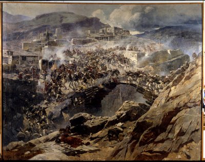 El asedio de Akhoulgo (El asedio de Akhoulgo): En 1839, Shamil (Imam Shamil, Shamil) (1797-1871) y sus partidarios musulmanes del Cáucaso, fueron sitiados en su fortaleza de montaña, antes de ser masacrados por el ejército ruso - Pintura por Franz Roubaud  de Franz Roubaud