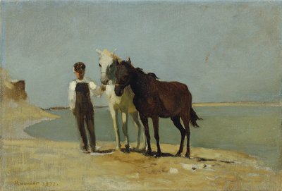 Un niño con caballos en la playa. de Franz Rumpler