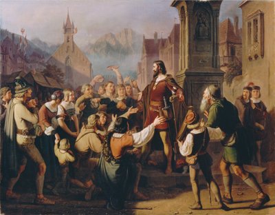 Duque Federico IV, disfrazado de juglar, se revela a sus fieles tiroleses..., 1851 de Franz Schams
