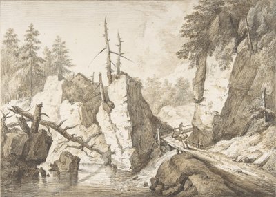 Paisaje montañoso suizo con pequeño puente sobre un arroyo, 1751-81 de Franz Schutz