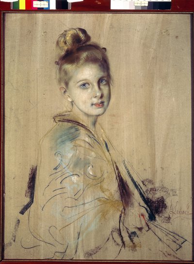 Niña con abanico (Girl With A Fan). Obra de Franz von Lenbach (1836-1904), pastel sobre cartón, hacia 1880. Arte alemán del siglo XIX. Hermitage estatal, San Petersburgo. de Franz Seraph von Lenbach