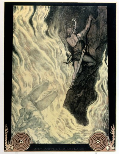 Sigfrido y Locke, ilustración de "El anillo de los niebelungos" de Richard Wagner (1813-83), antes de 1914 (litografía en color) de Franz Stassen