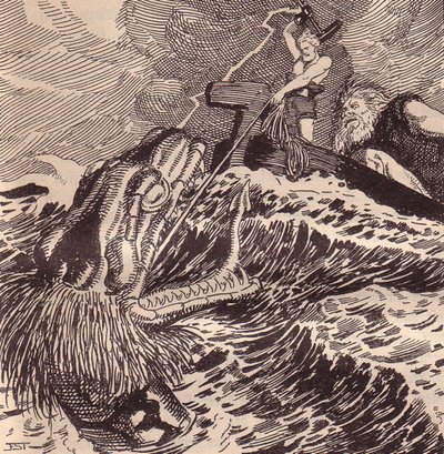 Thor y Hymir pescando. Ilustración para La Edda: Dioses y héroes germánicos por Hans von Wolzogen de Franz Stassen