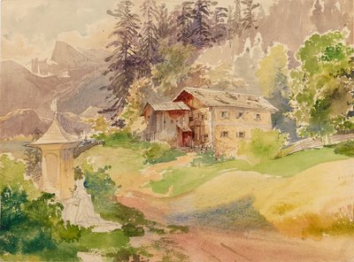 Paisaje alpino con casa de campo y mujer frente a un santuario de Franz Steinfeld