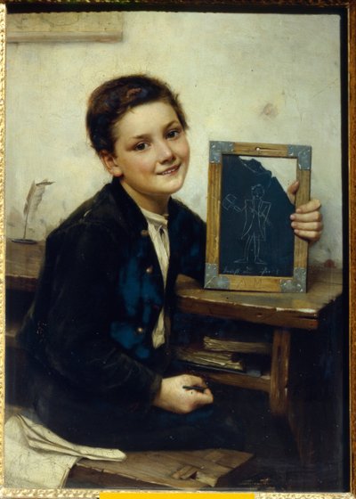 Ecolier (Colegial) - Pintura de Franz Thone (1851-1906), óleo sobre tabla, 50x38 cm de Franz Thone