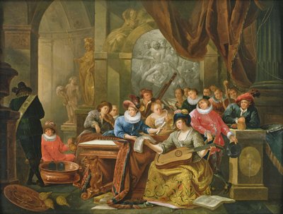 Fiesta musical en un interior palaciego con estatuas y obras de arte de Franz Verbeeck or Verbeecq