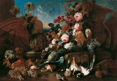 Bodegón con flores, pájaros muertos y restos de ruinas de Franz Werner Tamm