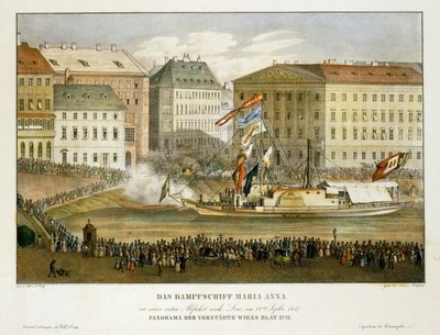 El vapor Maria Anna, salida hacia Linz 12 ... (litografía) de Franz Wolf
