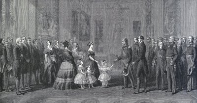 La reina de Inglaterra Victoria (1819-1901) recibe a Luis Felipe I (Luis Felipe de Orleans, 1773-1850), rey de Francia en el castillo de Windsor, el 8 de octubre de 1844. Grabado según una pintura de Winterhalter de Franz Xaver  Winterhalter (after)