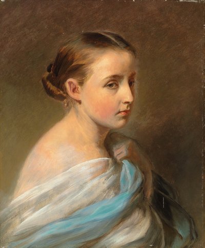 Retrato de una niña, cabeza y hombros, envuelta en un chal azul y blanco, c.1850 de Franz Xaver Winterhalter