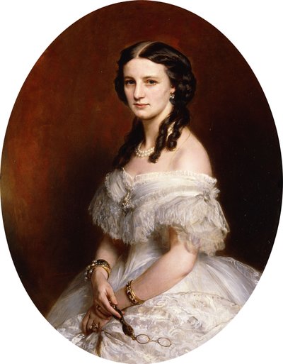 Retrato de una dama, medio cuerpo, con un vestido blanco y sosteniendo un par de lentes de Franz Xaver Winterhalter