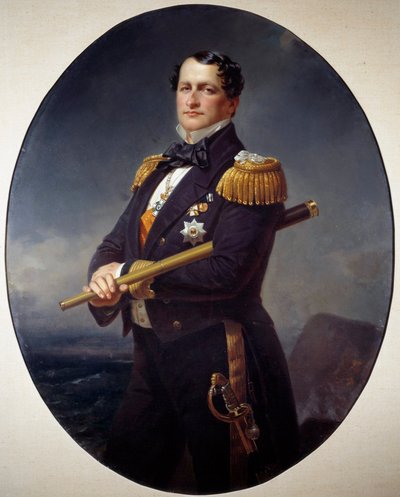 Retrato de un almirante. Un almirante naval, sosteniendo una larga vista, un paisaje marino al fondo de Franz Xaver Winterhalter