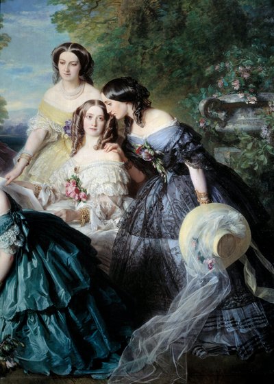 La emperatriz Eugenia (1826-1920) en 1855 rodeada de las damas de honor del Palacio Detalle representando a la Baronesa de Malaret, nacida Nathalie de Segur (amarillo), Marquesa de las Marismas (blanco) y Marquesa de La Tour Maubourg de Franz Xaver Winterhalter