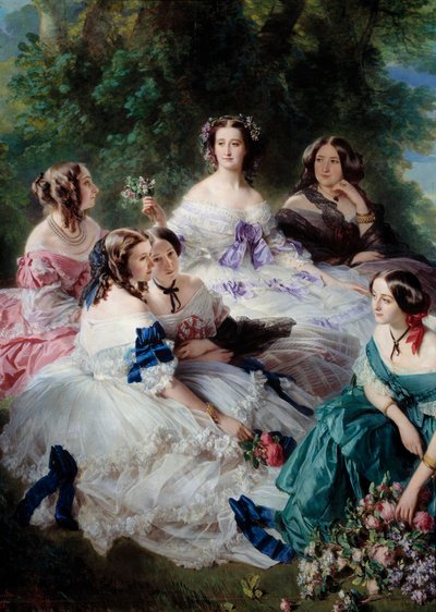 La Emperatriz Eugenia (1826-1920) en 1855 rodeada de las damas de honor del Palacio, representando a la Princesa de Essling, la Baronesa de Stones, la Vizcondesa Lezay-Marnesia, el Emperador en la parte superior en blanco y la Marquesa de Montebello de Franz Xaver Winterhalter