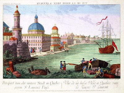 Vista de la Ciudad Baja en Quebec hacia el río San Lorenzo. Grabado por Franz-Xavier Habermann de Franz Xavier Habermann