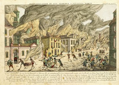 Vista de Nueva York durante el gran incendio de 1776; Representación del fuego terrible en Nueva York, 1780 de Franz Xaver Habermann