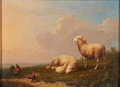 Ovejas y gallinas en un prado de Franz van Severdonck