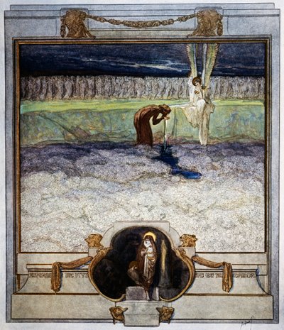Cuando estaba cerca de la orilla bendita, """"Asperges me,"""" escuché tan dulcemente cantado, No puedo recordarlo, mucho menos escribirlo, Purgatorio, canto XXXI, Divina Comedia de Dante Alighieri, ilustración de Franz von Bayros (1866-1924), Viena de Franz von  Bayros