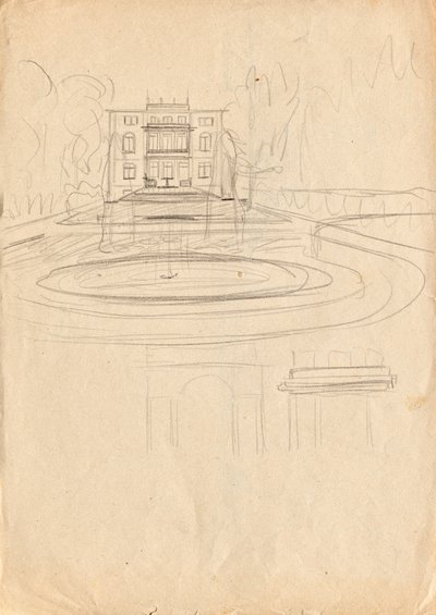 Bocetos de diseño para Matcha Atelier Villa - vista desde el jardín con fuente de Franz von Matsch