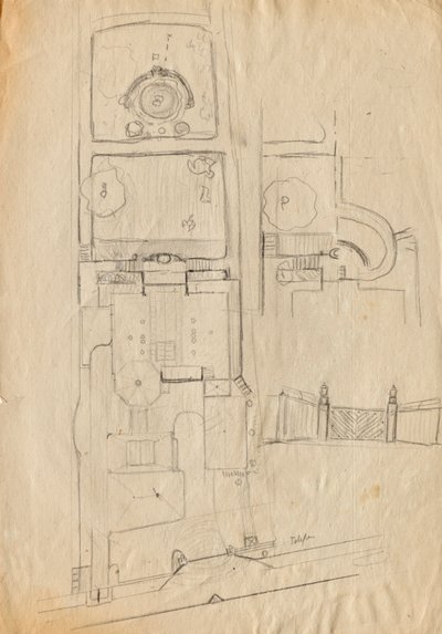 Bocetos de diseño para Matcha Atelier Villa: plano de planta de todo el complejo y jardín, sistema de puertas de Franz von Matsch