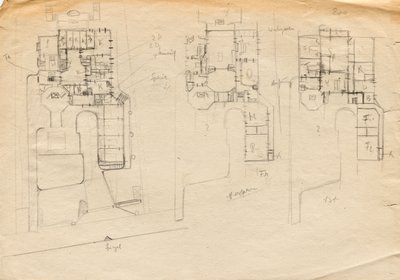 Bocetos de diseño para Matcha Atelier Villa - plano de planta de tres pisos de Franz von Matsch