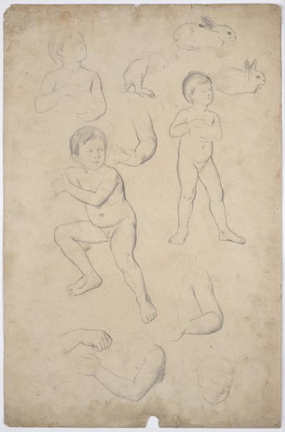 Desnudos infantiles y estudios de cabezas, 2 conejos de Franz von Matsch