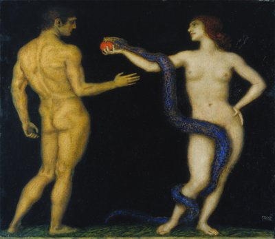 Adán y Eva, c.1920 (temple sobre madera) de Franz von Stuck