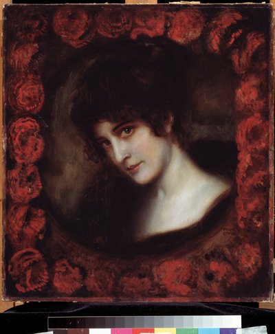 ""Portrait of a Woman"" (Retrato de una mujer) Mujer joven de cabello oscuro con el rostro enmarcado por rosas. Pintura de Franz Ritter von Stuck (1863-1928) Museo Pushkin de principios del siglo XX, Moscú de Franz von Stuck