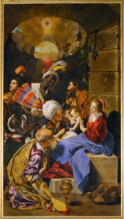 La Adoración de los Reyes Magos ... (pintura sobre lienzo) de Fray Juan Batista Maino or Mayno